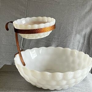Elegant White Milk Hlass Scalloped Bowl Set with Copper Stand.  Chip & Dip